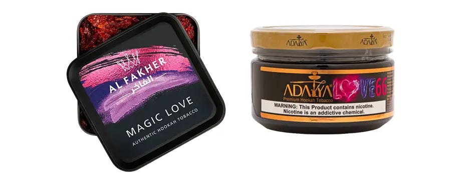 Container of Al Fakher Magic Love and Adalya Love66 shisha tobacco