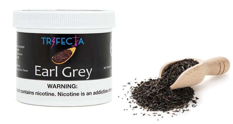 Trifecta Earl Grey shisha jar next to earl grey tea with scoop