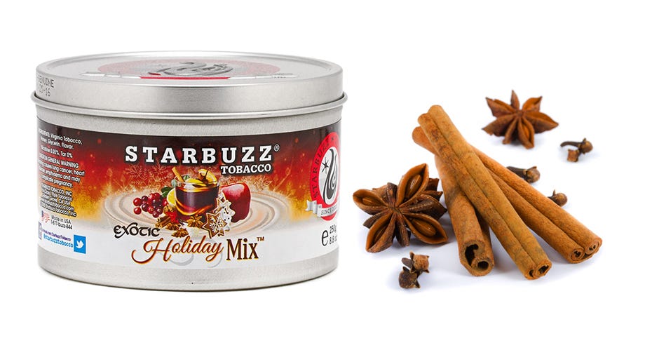 Starbuzz Holiday Mix shisha jar next to cinnamon spices