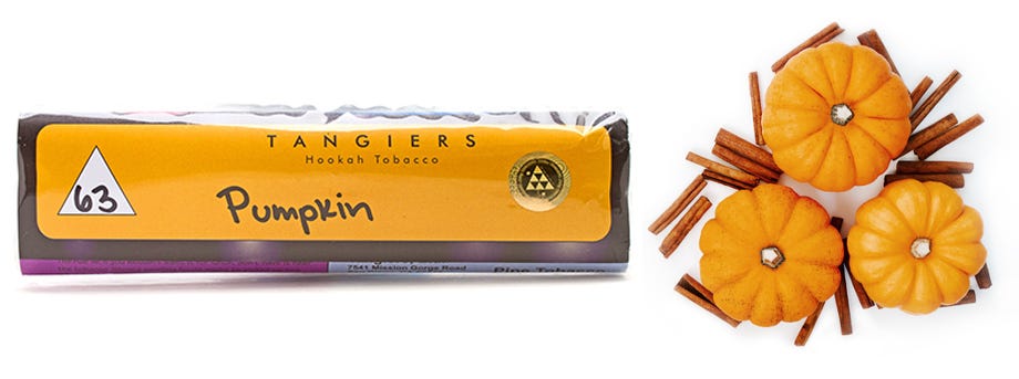 Tangiers Pumpkin shisha pouch next to pumpkins and cinnamon sticks