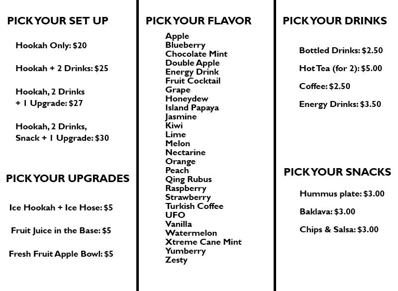 Sample Hookah Lounge Menu