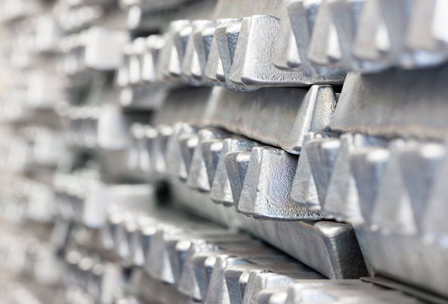 Stacks of silver aluminum ingots