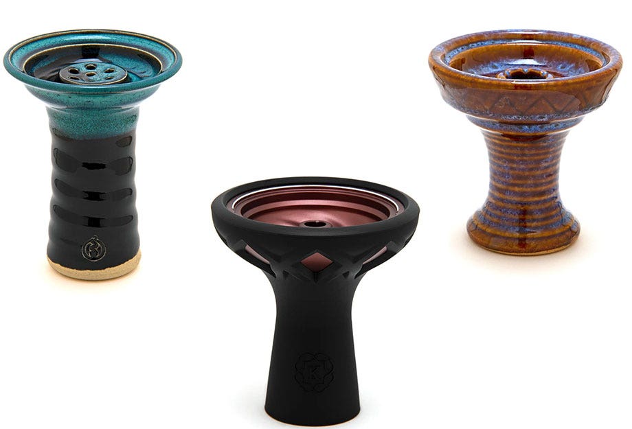 A blue and black Alpaca Lipache hookah bowl, a brown and blue BYO short wide phunnel hookah bowl, and a silicone and aluminum Kaloud Vitria hookah bowl with burgundy insert on a white background 