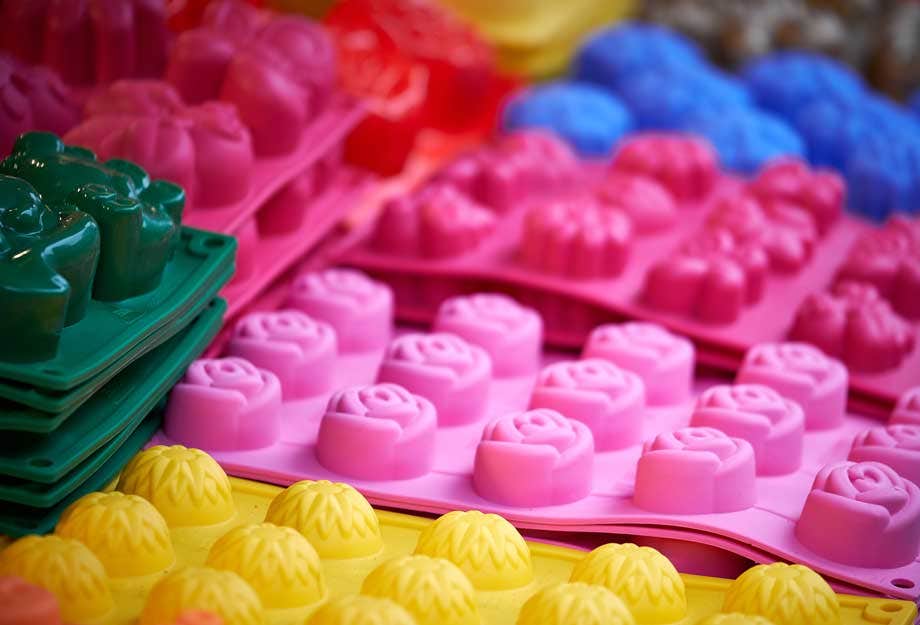 A grouping of multi-colored silicone candy molds