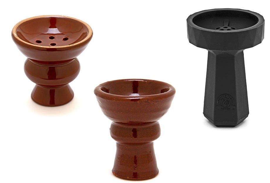 A clay traditional Egyptian hookah bowl, ceramic mod hookah bowl, and black silicone Starbuzz Paradigm hookah bowl on a white background